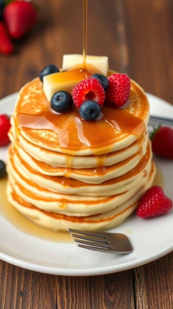 A stack of fluffy pancakes with syrup and berries on a rustic table.